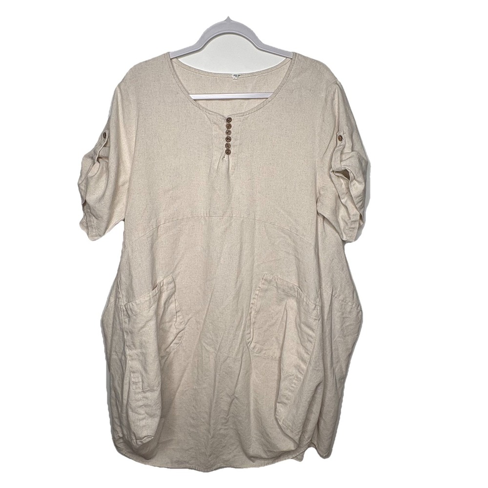 Minibee Linen Blend Dress L Cream Oversized Midi Lagenlook‎ Cottagecore Coastal